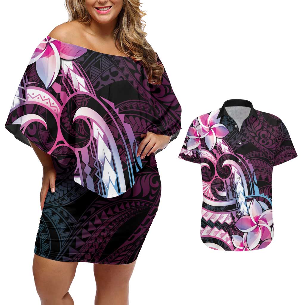 Polynesian Art Tattoo Couples Matching Off Shoulder Short Dress and Hawaiian Shirt Plumeria Flowers Pink Gradient