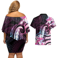 Polynesian Art Tattoo Couples Matching Off Shoulder Short Dress and Hawaiian Shirt Plumeria Flowers Pink Gradient
