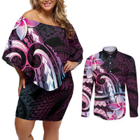 Polynesian Art Tattoo Couples Matching Off Shoulder Short Dress and Long Sleeve Button Shirt Plumeria Flowers Pink Gradient