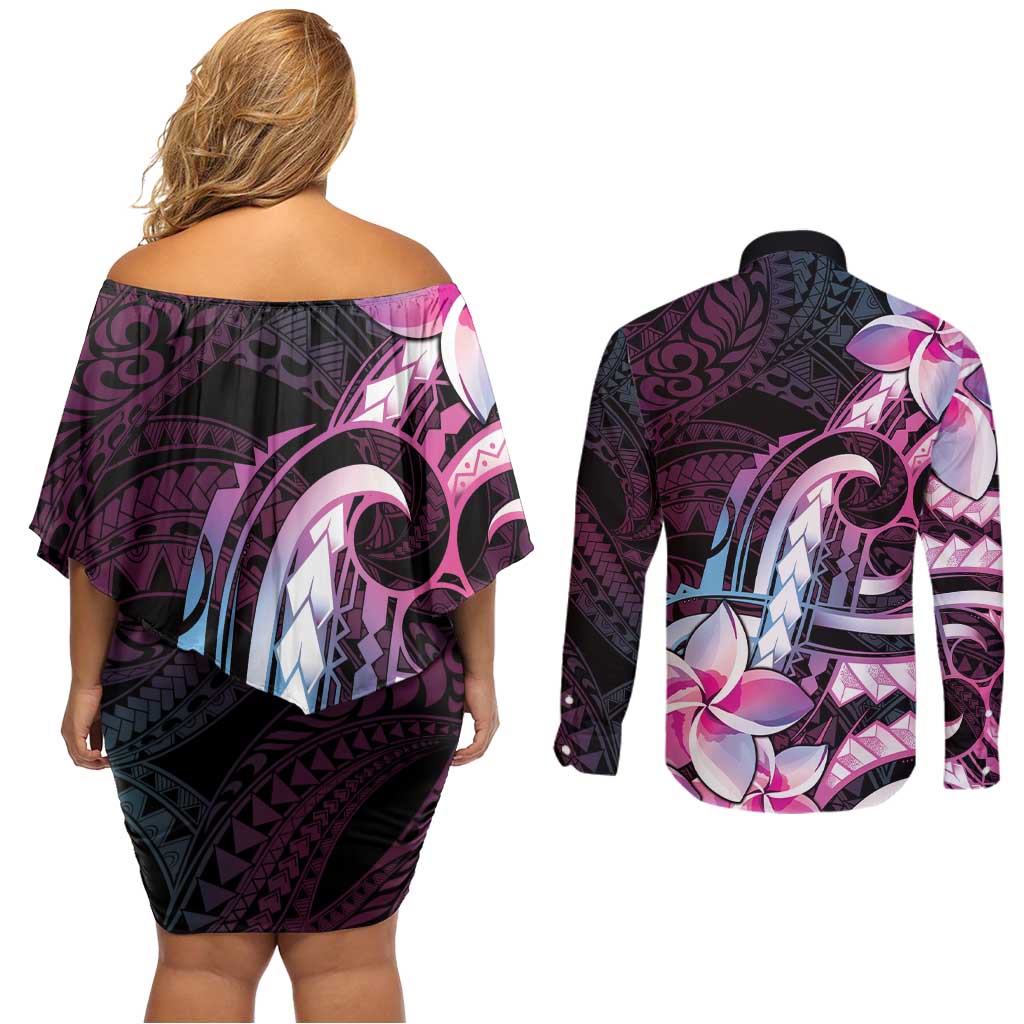 Polynesian Art Tattoo Couples Matching Off Shoulder Short Dress and Long Sleeve Button Shirt Plumeria Flowers Pink Gradient