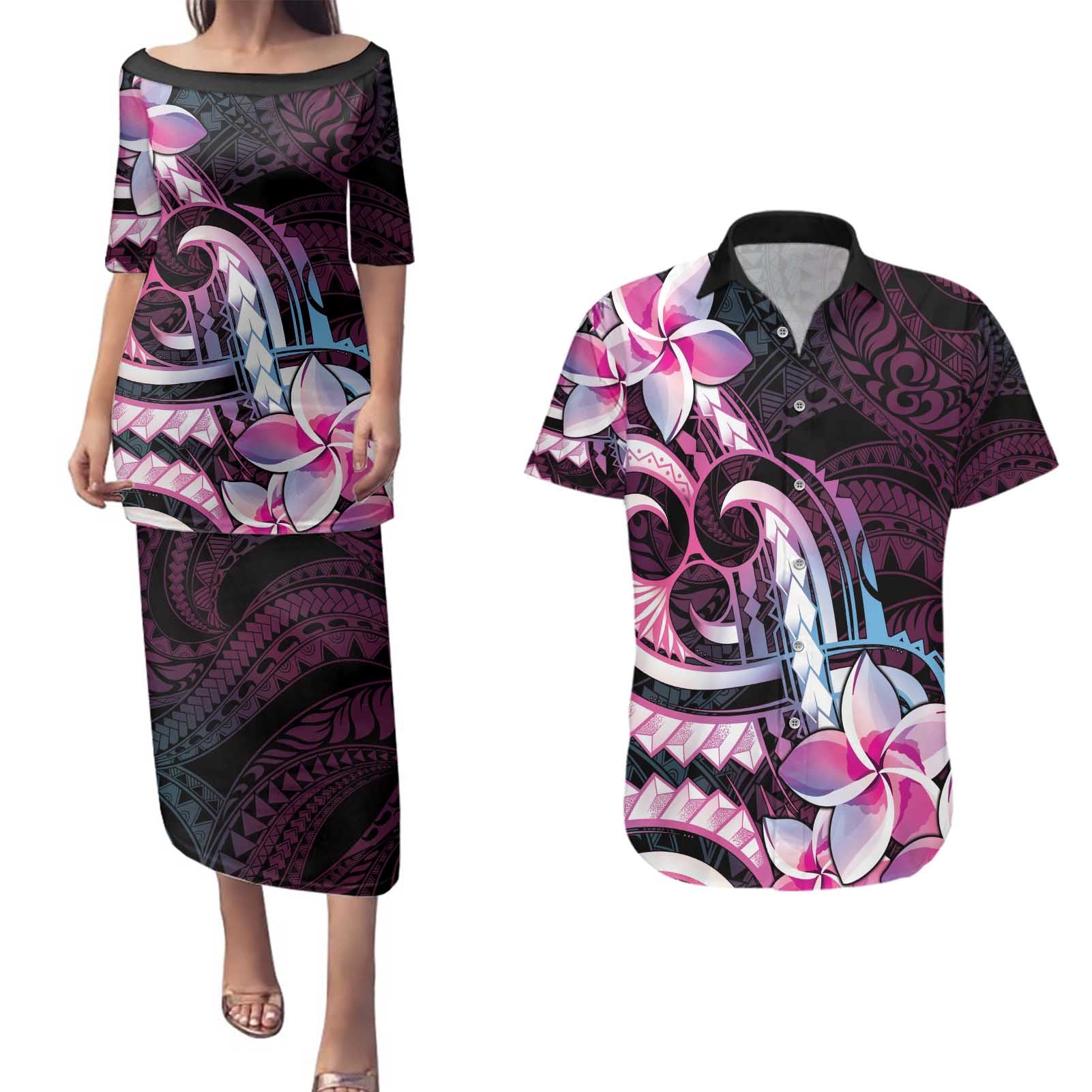 Polynesian Art Tattoo Couples Matching Puletasi and Hawaiian Shirt Plumeria Flowers Pink Gradient