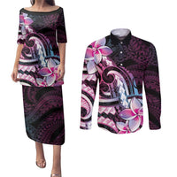 Polynesian Art Tattoo Couples Matching Puletasi and Long Sleeve Button Shirt Plumeria Flowers Pink Gradient