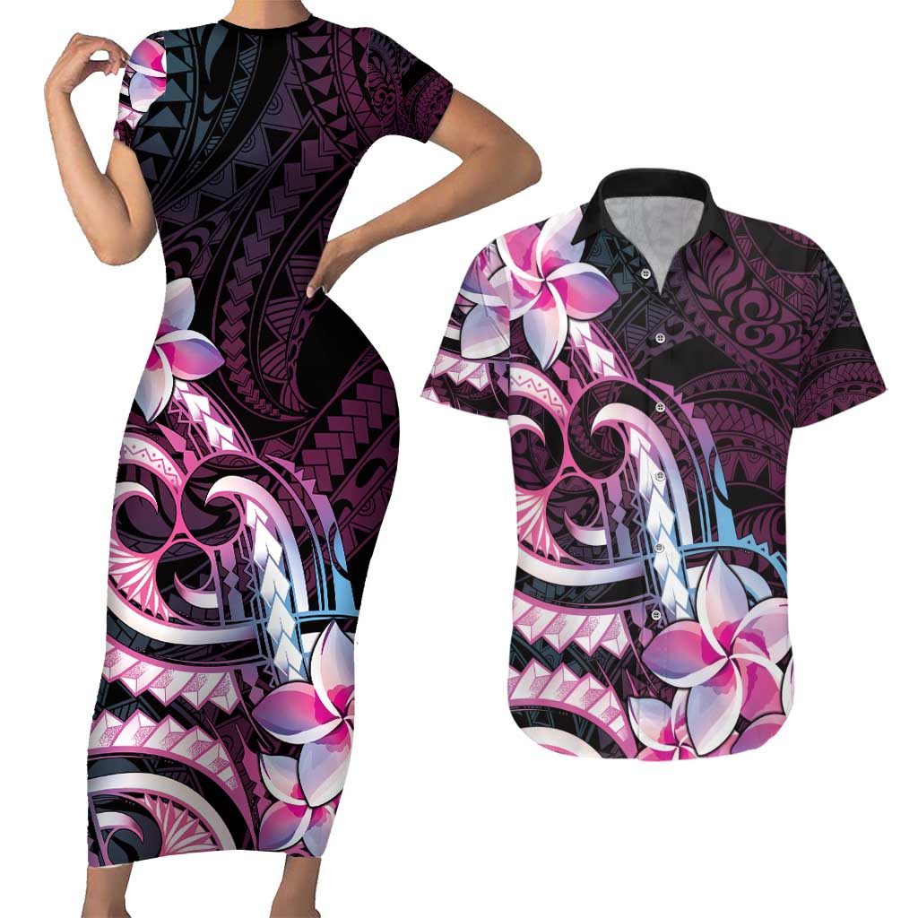 Polynesian Art Tattoo Couples Matching Short Sleeve Bodycon Dress and Hawaiian Shirt Plumeria Flowers Pink Gradient