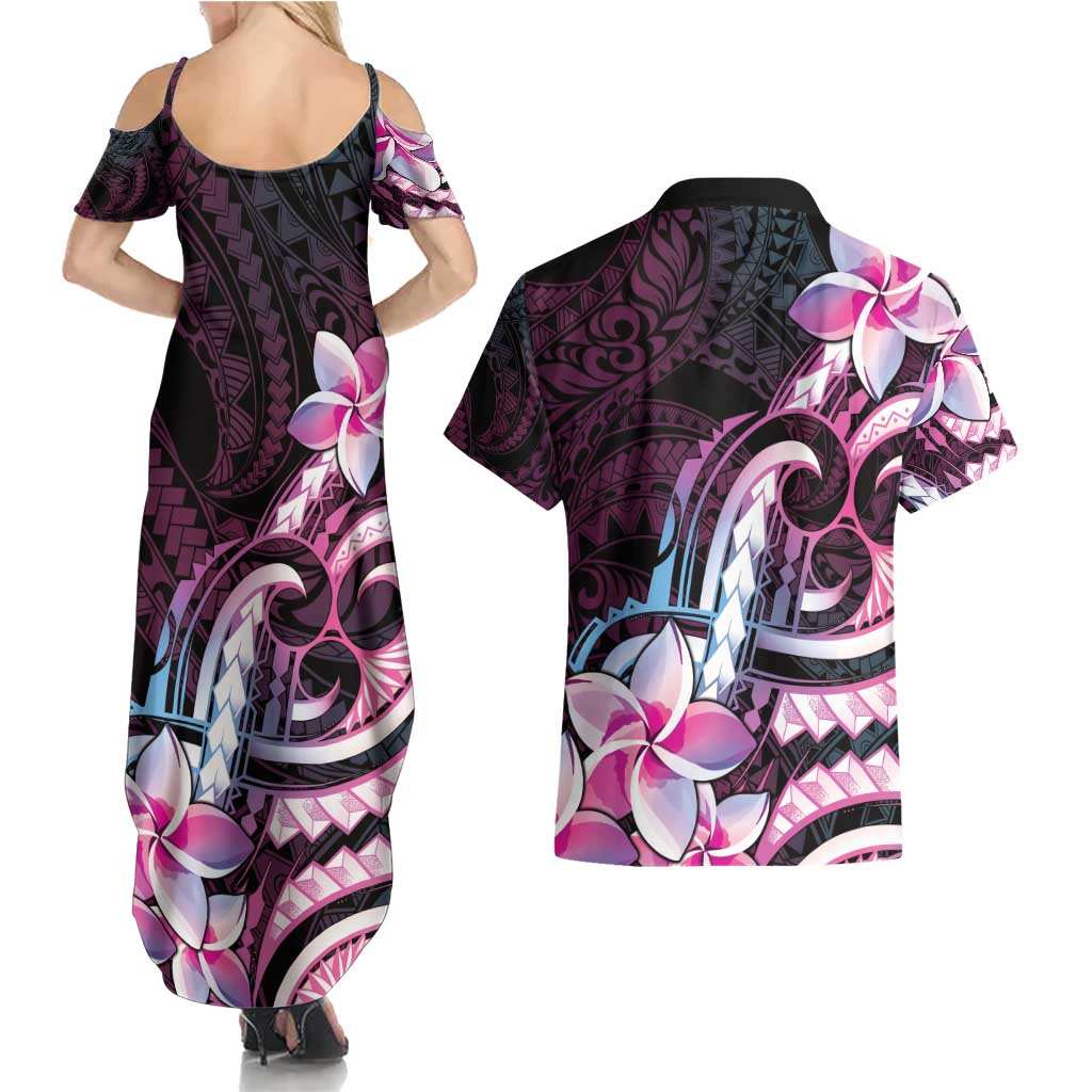 Polynesian Art Tattoo Couples Matching Summer Maxi Dress and Hawaiian Shirt Plumeria Flowers Pink Gradient