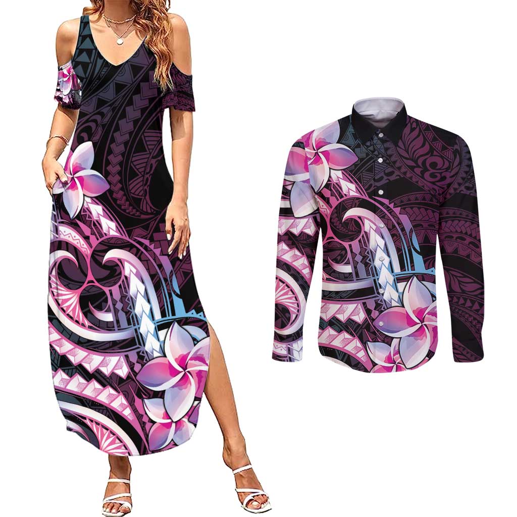 Polynesian Art Tattoo Couples Matching Summer Maxi Dress and Long Sleeve Button Shirt Plumeria Flowers Pink Gradient
