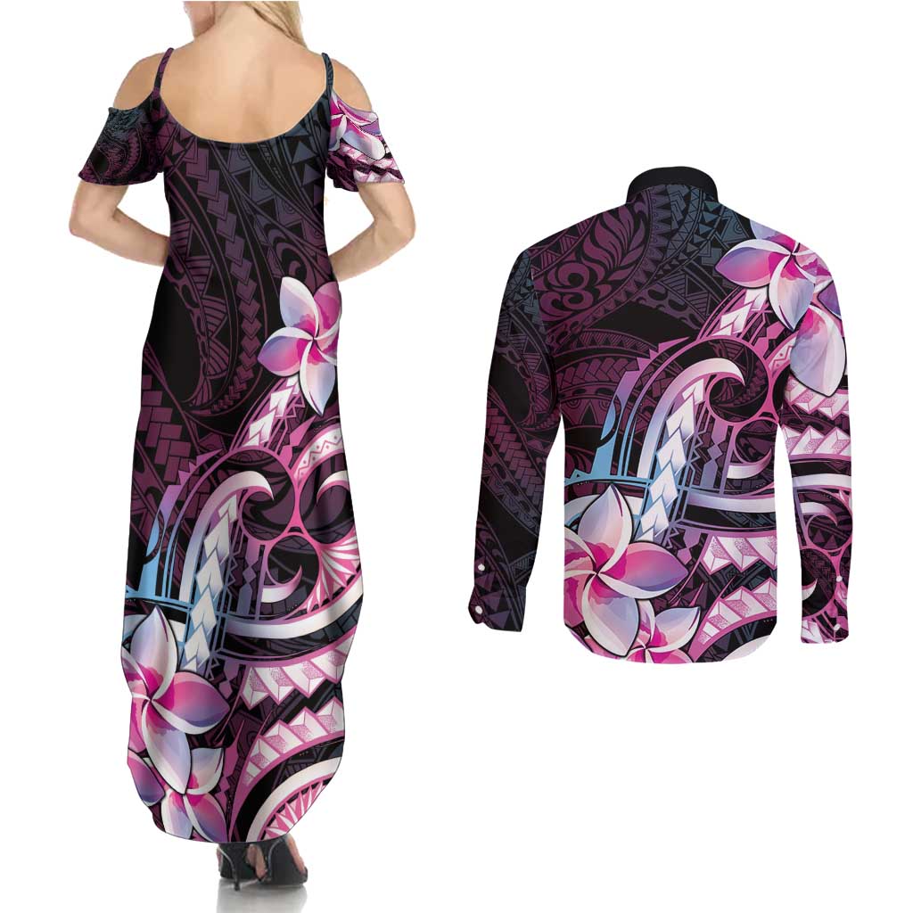 Polynesian Art Tattoo Couples Matching Summer Maxi Dress and Long Sleeve Button Shirt Plumeria Flowers Pink Gradient