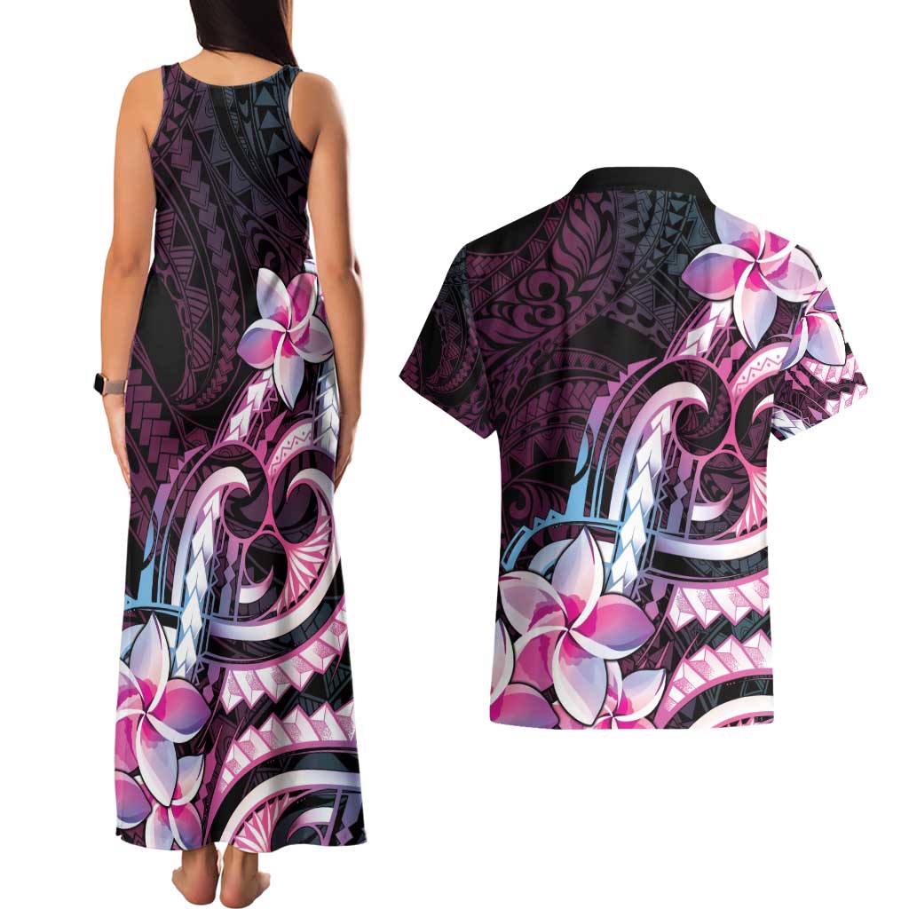 Polynesian Art Tattoo Couples Matching Tank Maxi Dress and Hawaiian Shirt Plumeria Flowers Pink Gradient