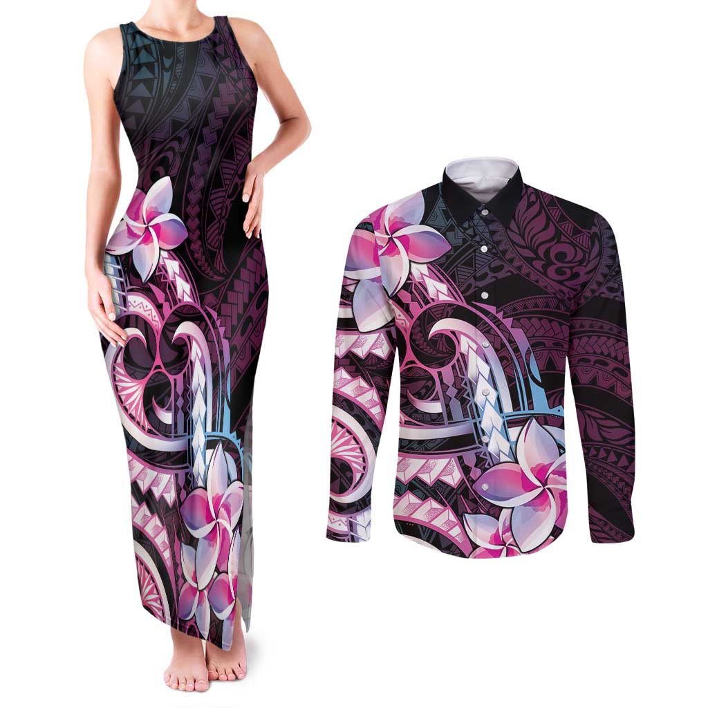 Polynesian Art Tattoo Couples Matching Tank Maxi Dress and Long Sleeve Button Shirt Plumeria Flowers Pink Gradient