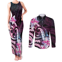 Polynesian Art Tattoo Couples Matching Tank Maxi Dress and Long Sleeve Button Shirt Plumeria Flowers Pink Gradient