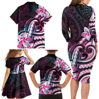 Polynesian Art Tattoo Family Matching Long Sleeve Bodycon Dress and Hawaiian Shirt Plumeria Flowers Pink Gradient