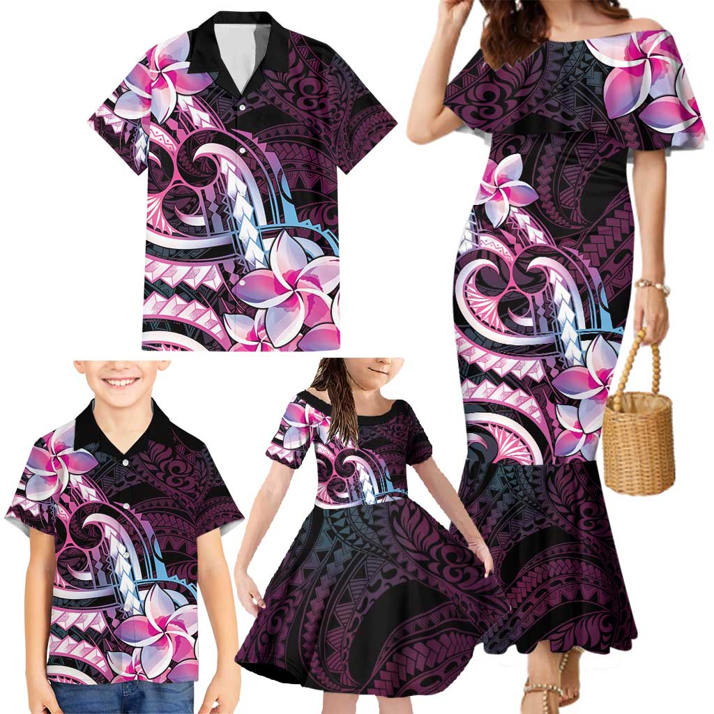 Polynesian Art Tattoo Family Matching Mermaid Dress and Hawaiian Shirt Plumeria Flowers Pink Gradient