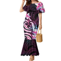 Polynesian Art Tattoo Family Matching Mermaid Dress and Hawaiian Shirt Plumeria Flowers Pink Gradient