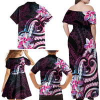 Polynesian Art Tattoo Family Matching Off Shoulder Maxi Dress and Hawaiian Shirt Plumeria Flowers Pink Gradient