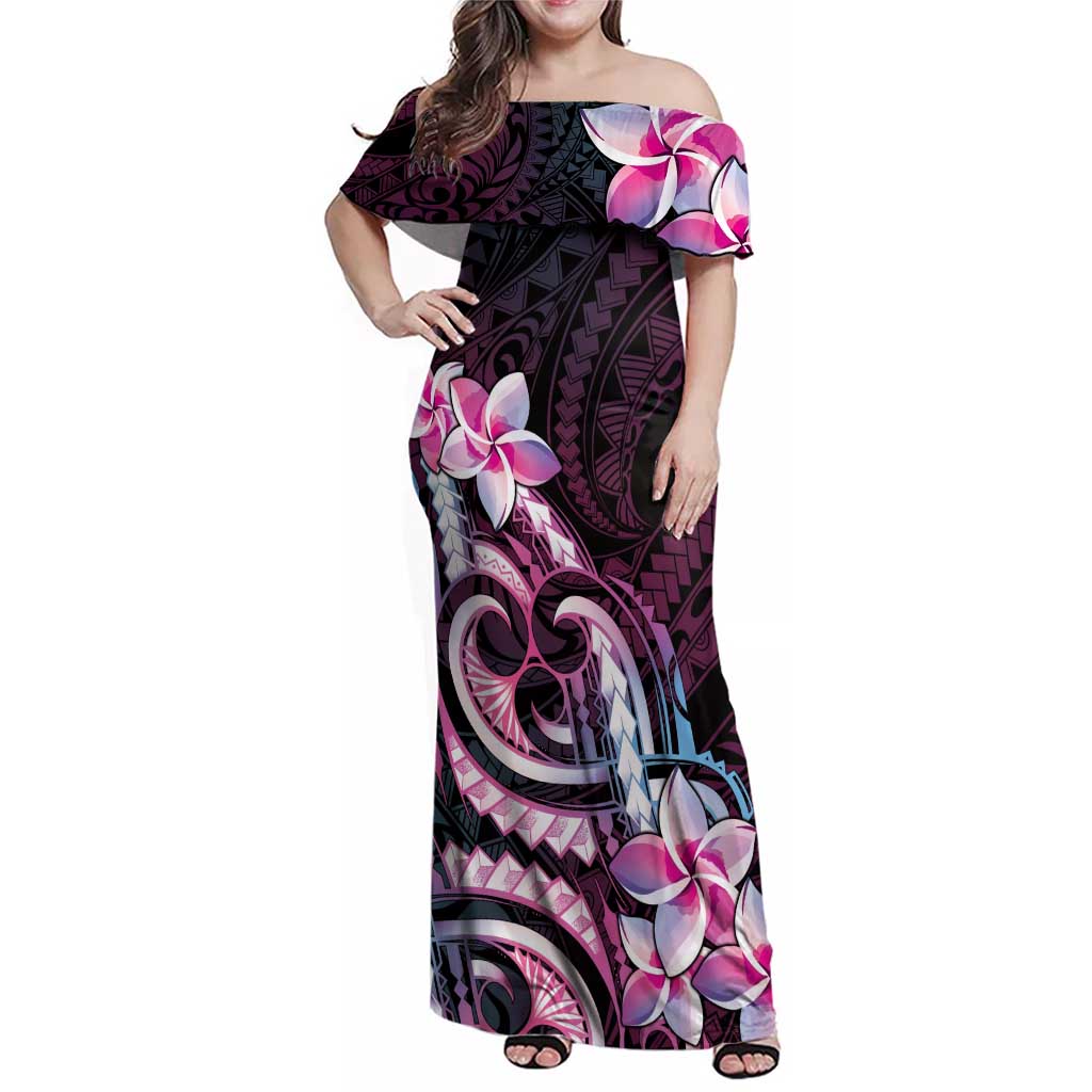 Polynesian Art Tattoo Family Matching Off Shoulder Maxi Dress and Hawaiian Shirt Plumeria Flowers Pink Gradient