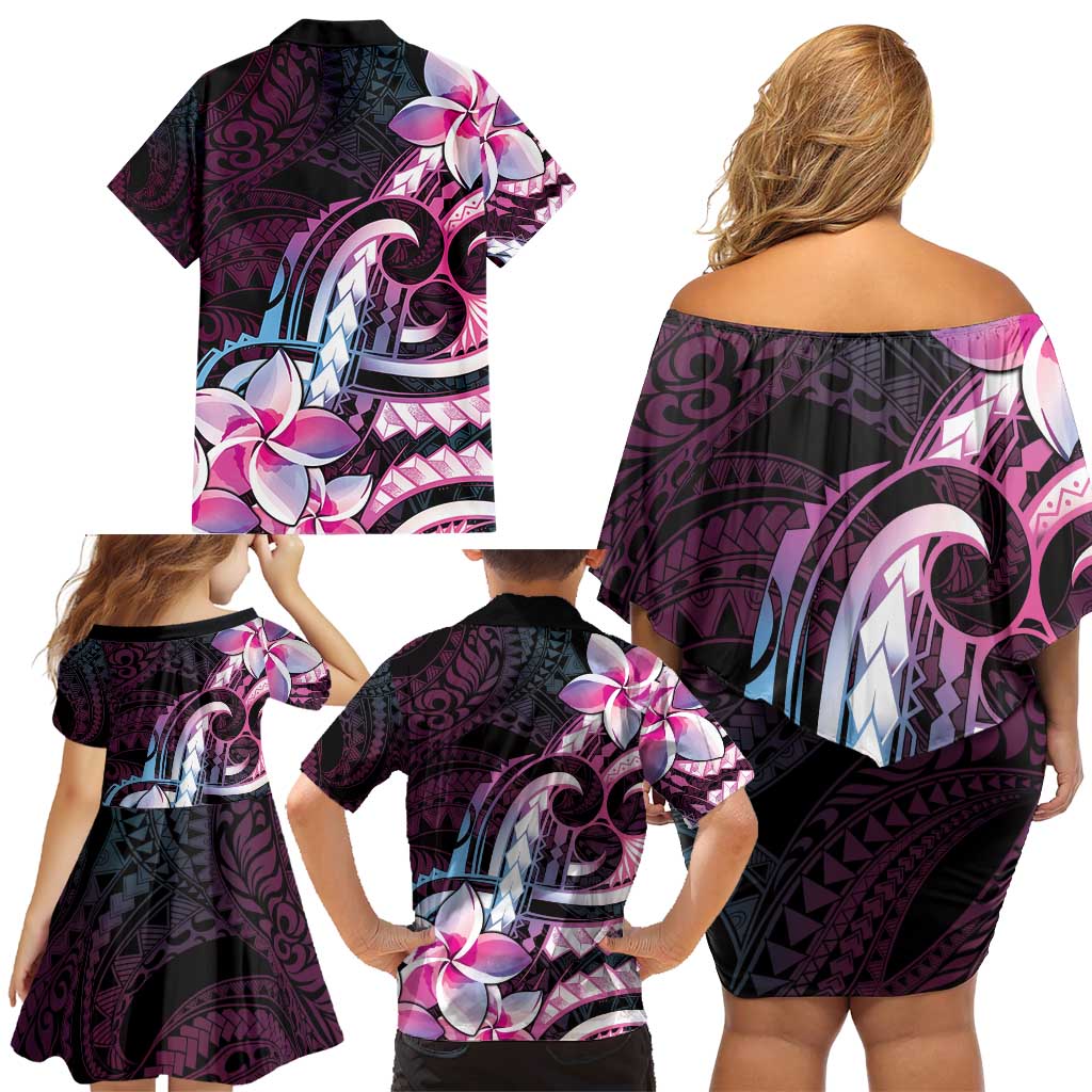 Polynesian Art Tattoo Family Matching Off Shoulder Short Dress and Hawaiian Shirt Plumeria Flowers Pink Gradient