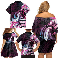 Polynesian Art Tattoo Family Matching Off Shoulder Short Dress and Hawaiian Shirt Plumeria Flowers Pink Gradient