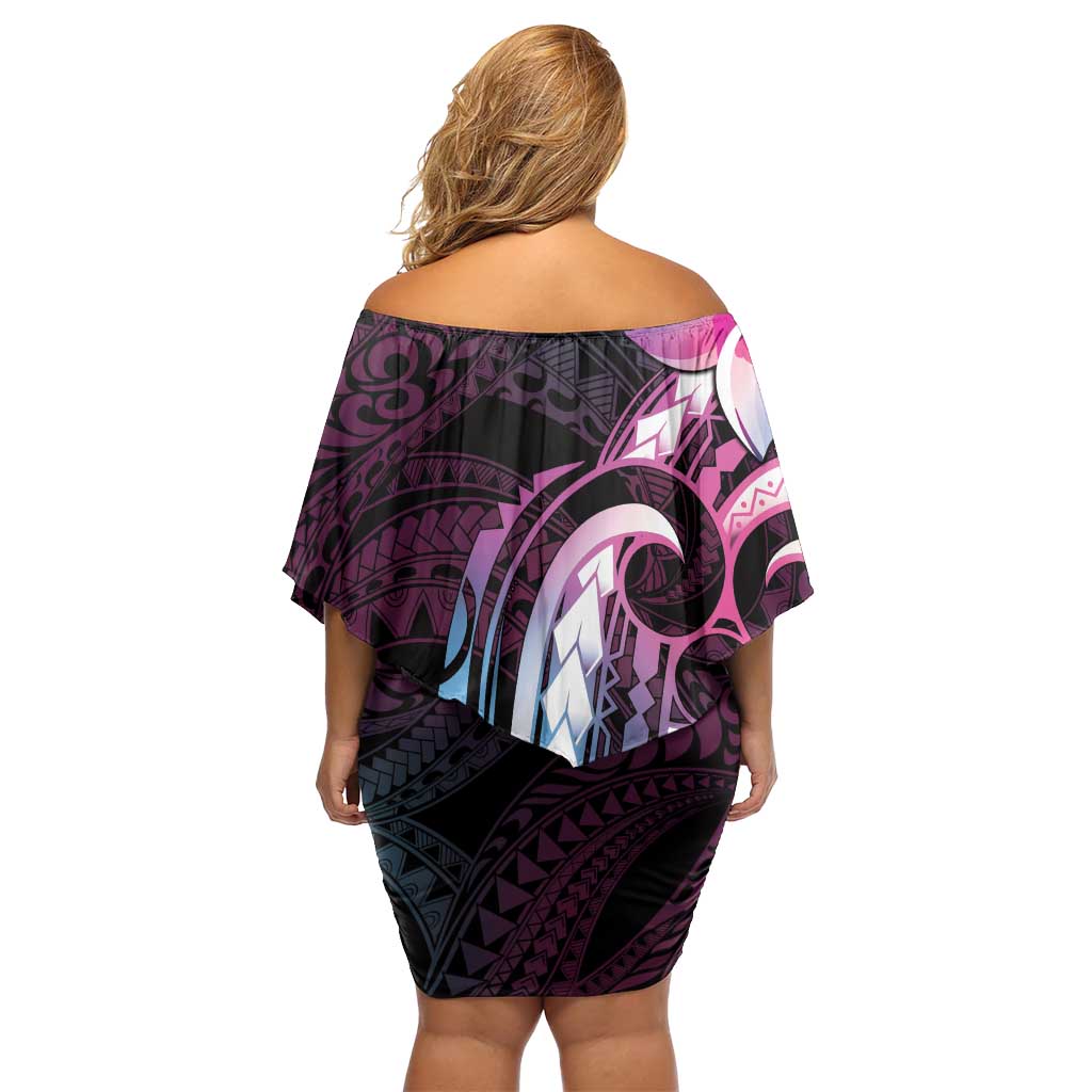 Polynesian Art Tattoo Family Matching Off Shoulder Short Dress and Hawaiian Shirt Plumeria Flowers Pink Gradient