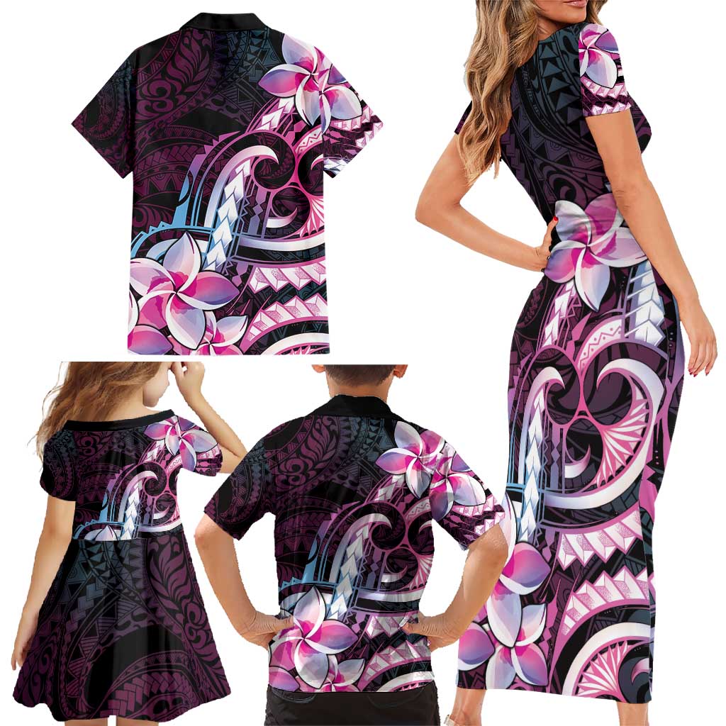 Polynesian Art Tattoo Family Matching Short Sleeve Bodycon Dress and Hawaiian Shirt Plumeria Flowers Pink Gradient