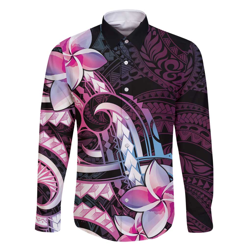 Polynesian Art Tattoo Family Matching Tank Maxi Dress and Hawaiian Shirt Plumeria Flowers Pink Gradient