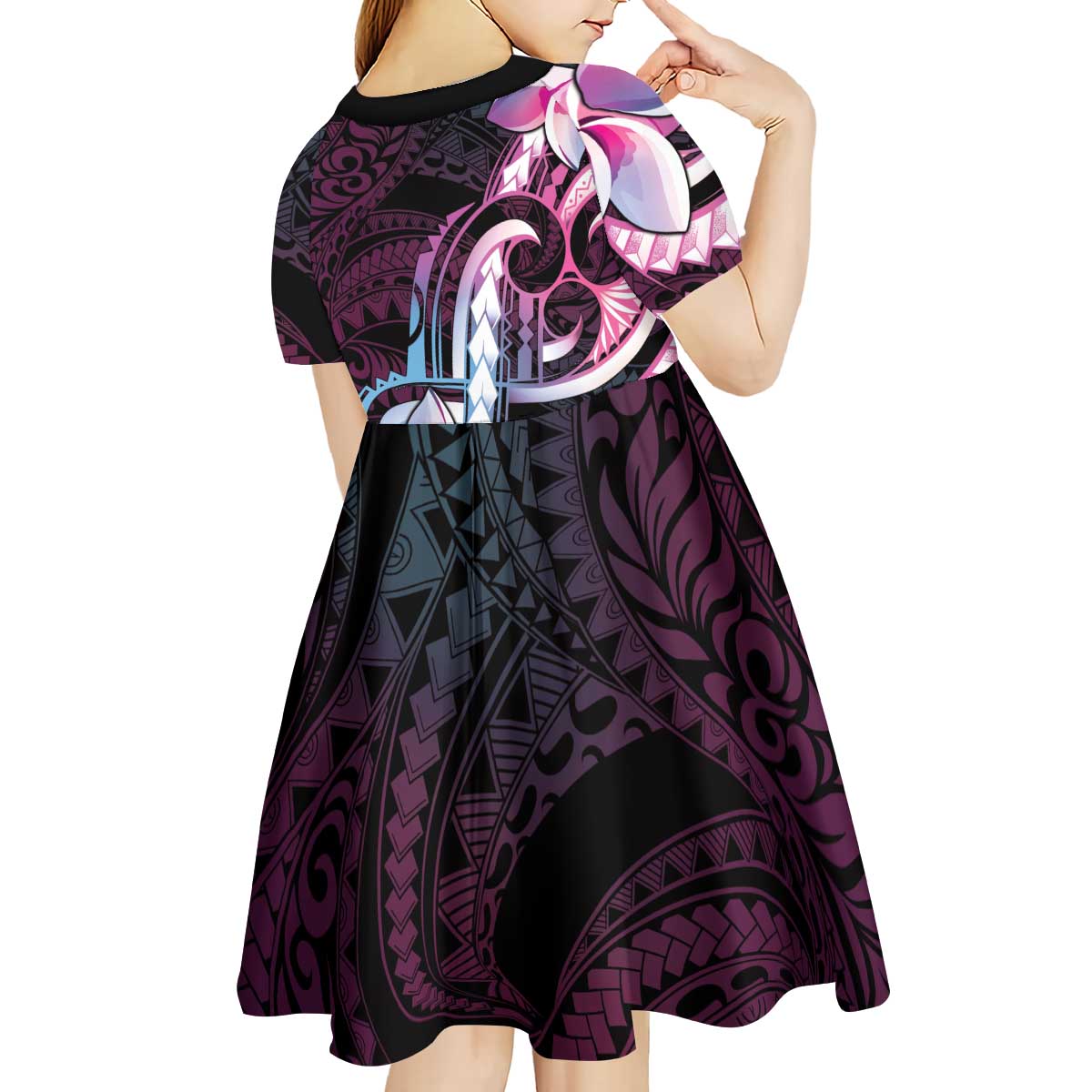 Polynesian Art Tattoo Kid Short Sleeve Dress Plumeria Flowers Pink Gradient