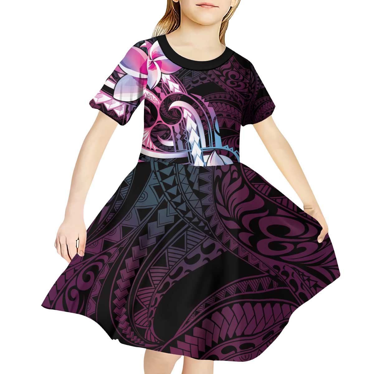 Polynesian Art Tattoo Kid Short Sleeve Dress Plumeria Flowers Pink Gradient