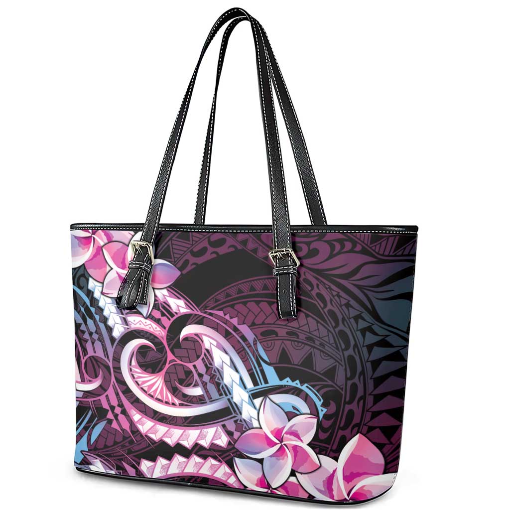 Polynesian Art Tattoo Leather Tote Bag Plumeria Flowers Pink Gradient