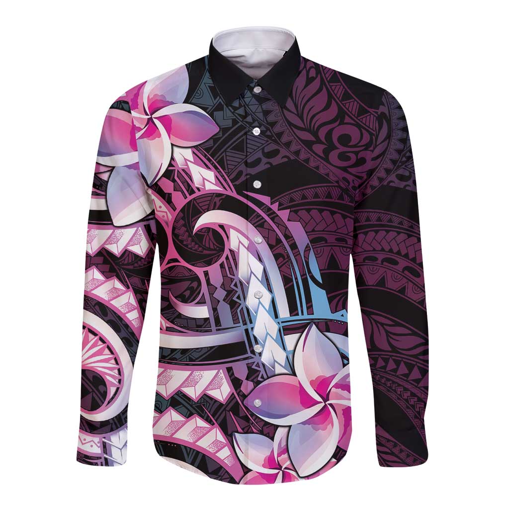 Polynesian Art Tattoo Long Sleeve Button Shirt Plumeria Flowers Pink Gradient LT05 Unisex Pink - Polynesian Pride