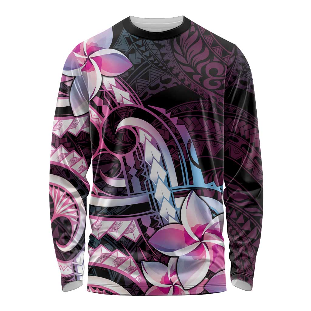 Polynesian Art Tattoo Long Sleeve Shirt Plumeria Flowers Pink Gradient