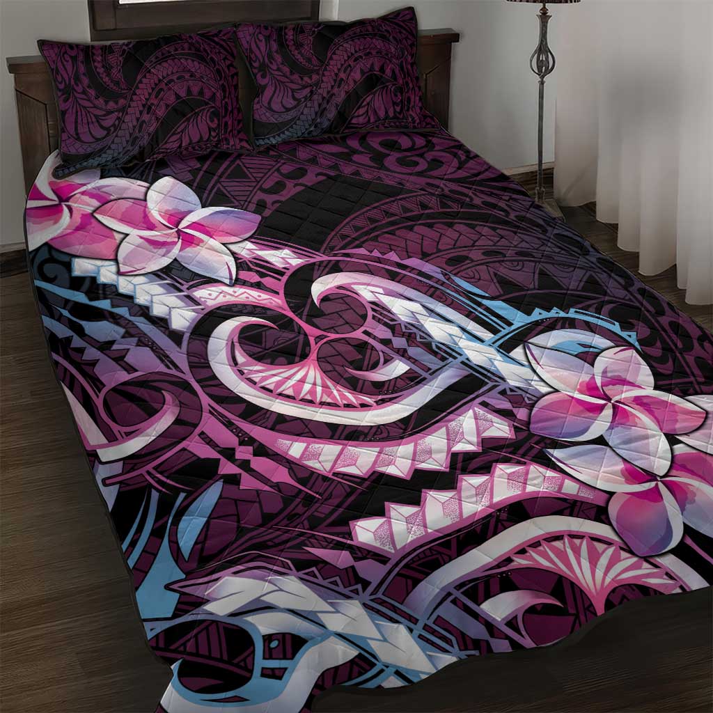Polynesian Art Tattoo Quilt Bed Set Plumeria Flowers Pink Gradient