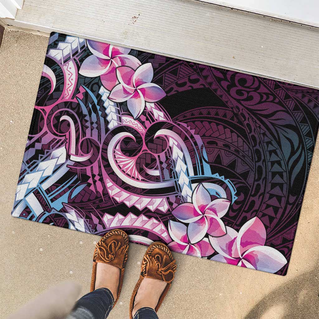 Polynesian Art Tattoo Rubber Doormat Plumeria Flowers Pink Gradient