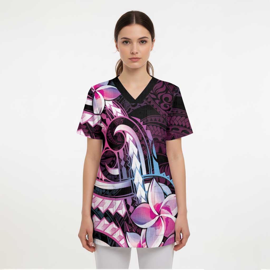 Polynesian Art Tattoo Scrub Top Plumeria Flowers Pink Gradient - Polynesian Pride