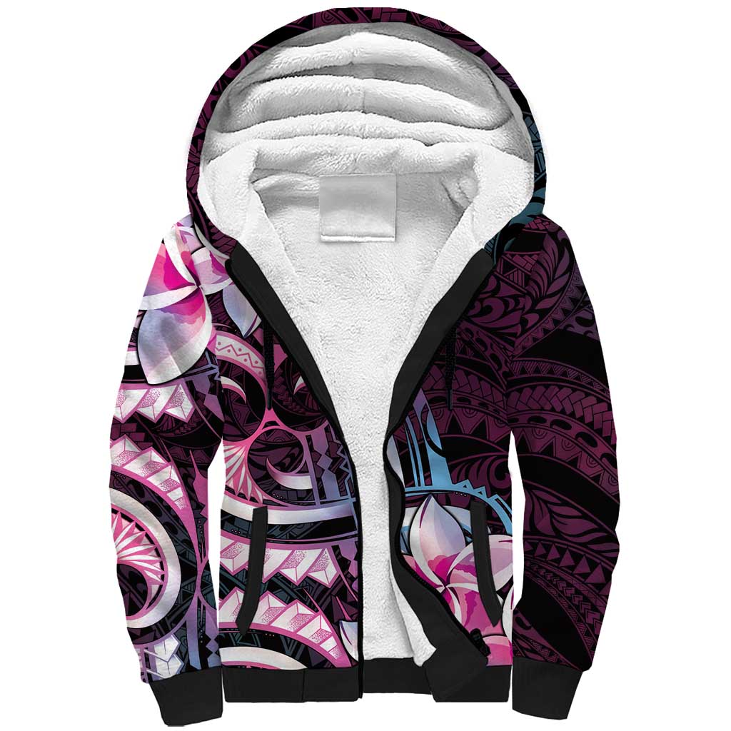 Polynesian Art Tattoo Sherpa Hoodie Plumeria Flowers Pink Gradient
