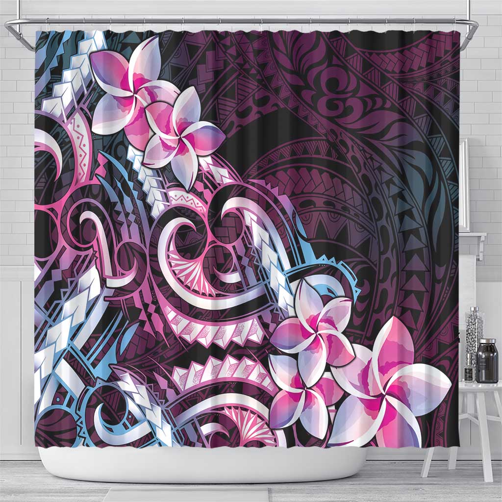 Polynesian Art Tattoo Shower Curtain Plumeria Flowers Pink Gradient