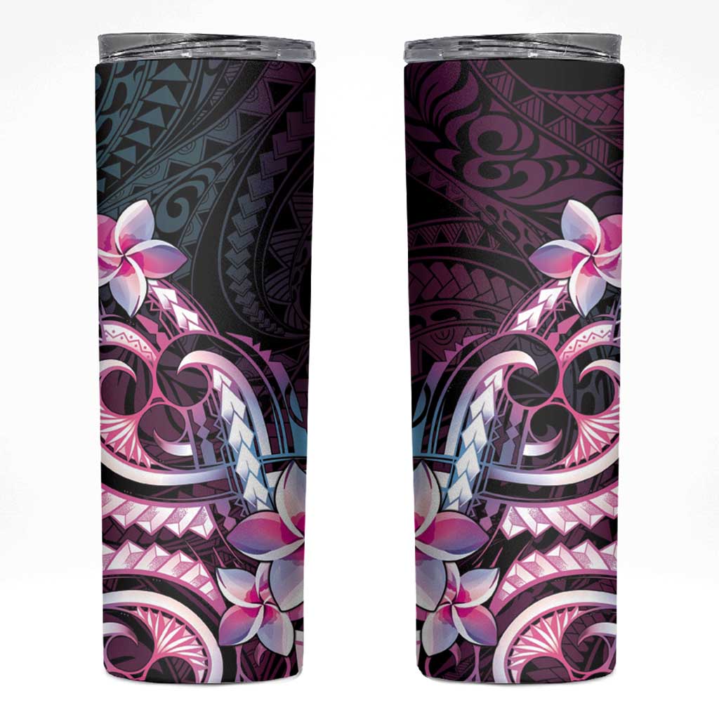 Polynesian Art Tattoo Skinny Tumbler Plumeria Flowers Pink Gradient