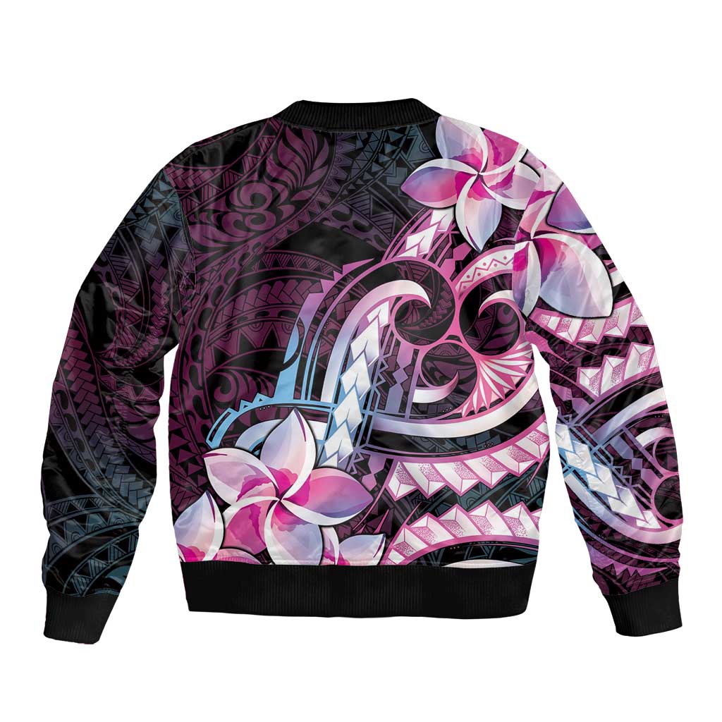 Polynesian Art Tattoo Sleeve Zip Bomber Jacket Plumeria Flowers Pink Gradient