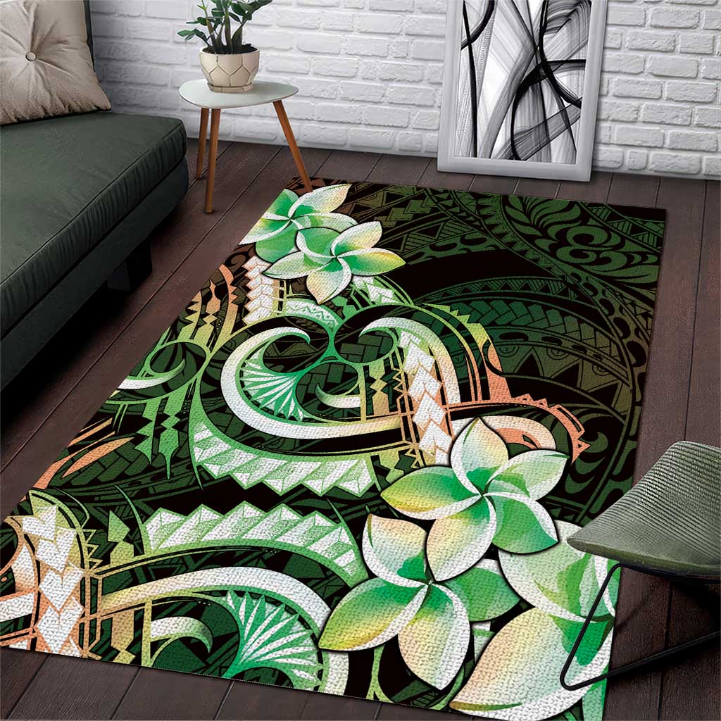 Polynesian Art Tattoo Area Rug Plumeria Flowers Green Gradient