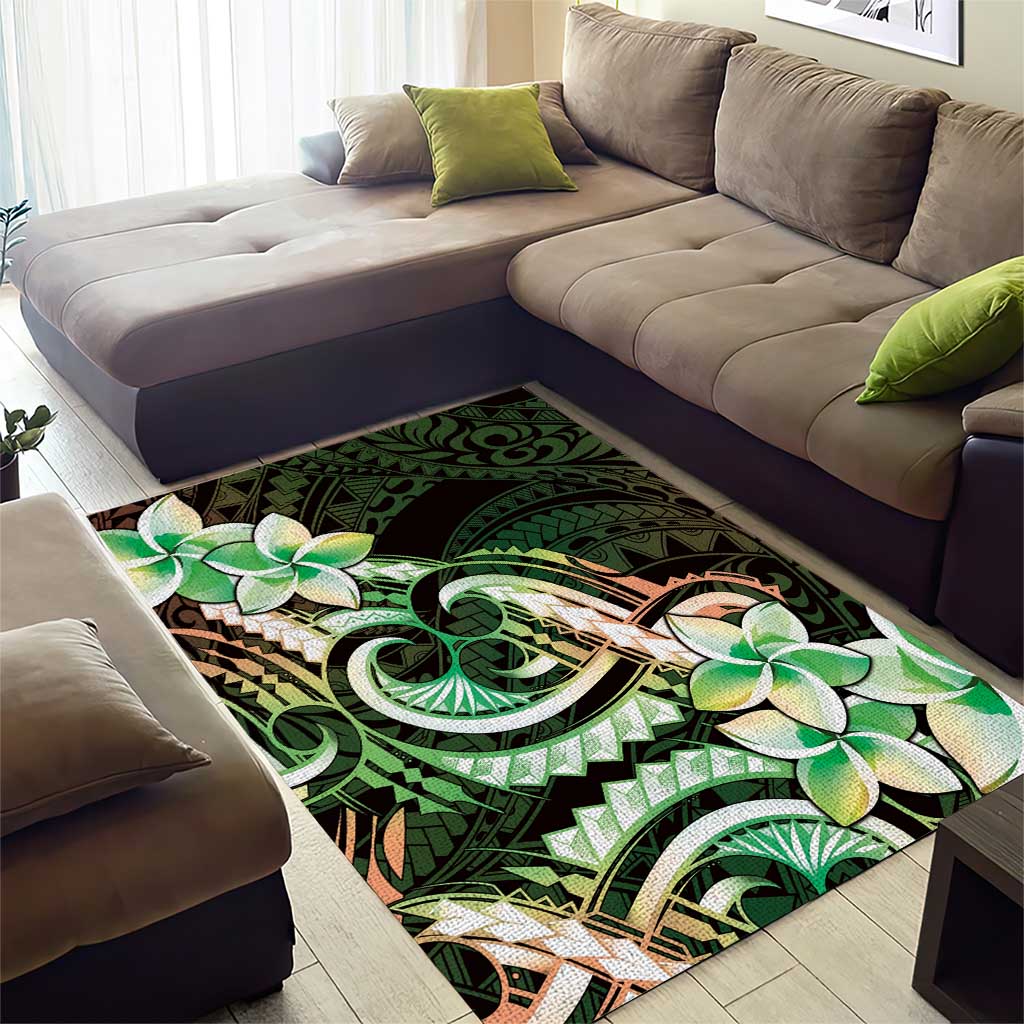 Polynesian Art Tattoo Area Rug Plumeria Flowers Green Gradient