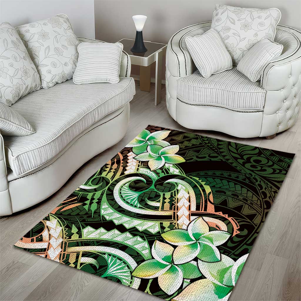 Polynesian Art Tattoo Area Rug Plumeria Flowers Green Gradient