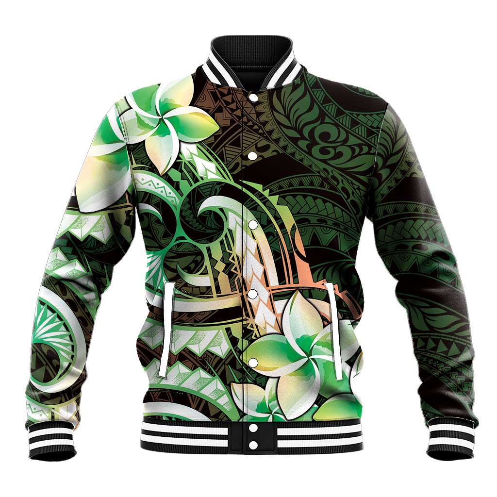 Polynesian Art Tattoo Baseball Jacket Plumeria Flowers Green Gradient LT05 Unisex Green - Polynesian Pride
