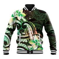 Polynesian Art Tattoo Baseball Jacket Plumeria Flowers Green Gradient