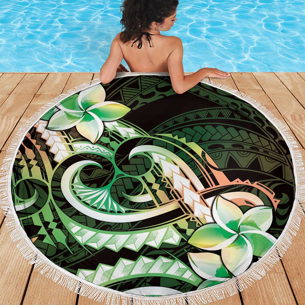 Polynesian Art Tattoo Beach Blanket Plumeria Flowers Green Gradient