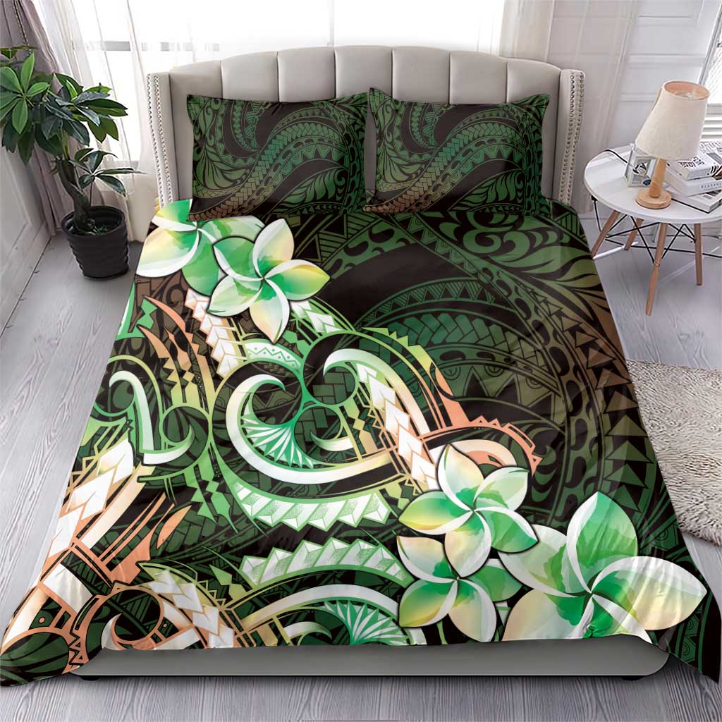 Polynesian Art Tattoo Bedding Set Plumeria Flowers Green Gradient