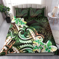 Polynesian Art Tattoo Bedding Set Plumeria Flowers Green Gradient