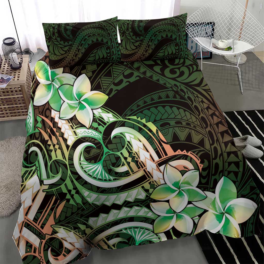 Polynesian Art Tattoo Bedding Set Plumeria Flowers Green Gradient