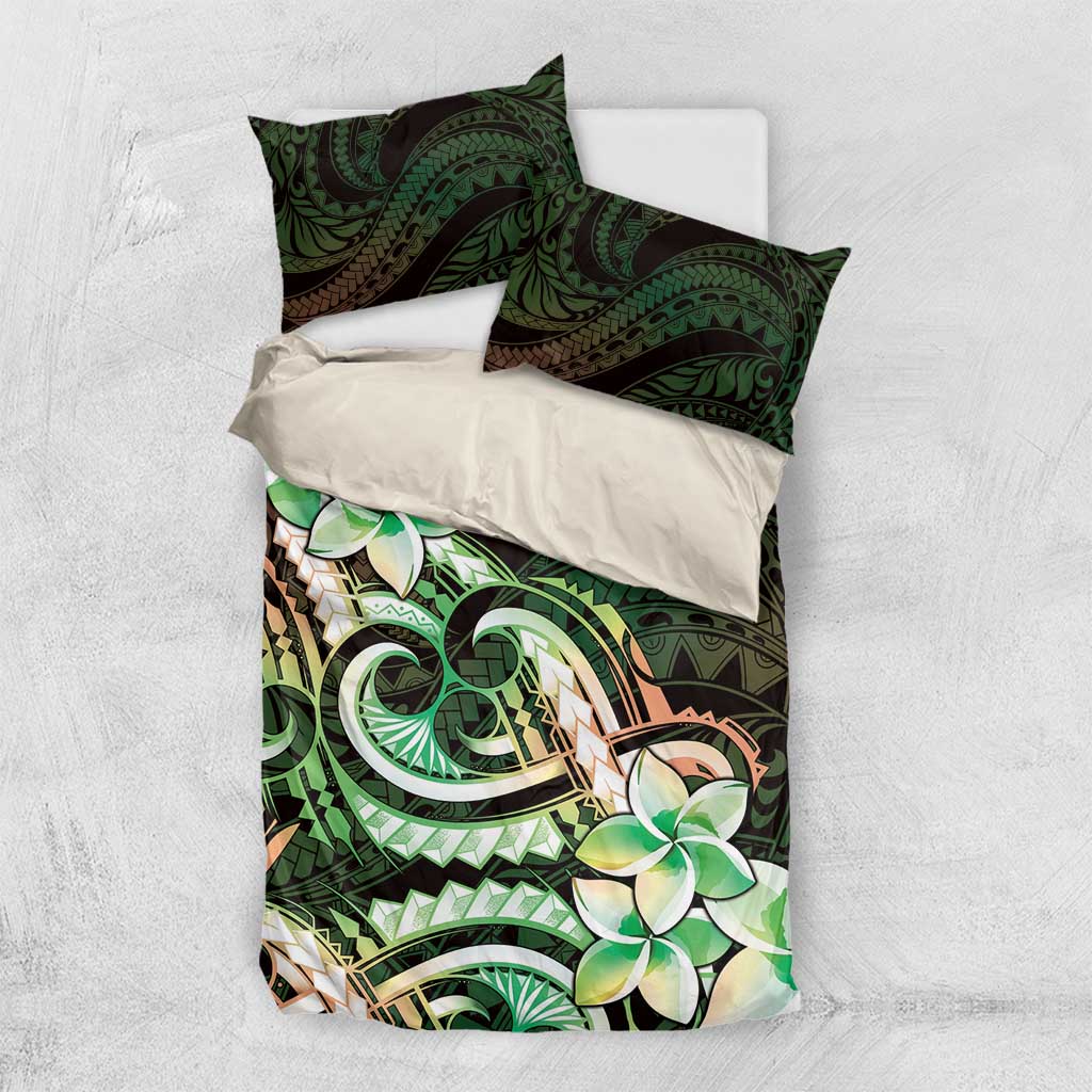Polynesian Art Tattoo Bedding Set Plumeria Flowers Green Gradient