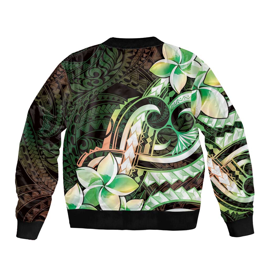 Polynesian Art Tattoo Bomber Jacket Plumeria Flowers Green Gradient