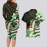Polynesian Art Tattoo Couples Matching Long Sleeve Bodycon Dress and Hawaiian Shirt Plumeria Flowers Green Gradient