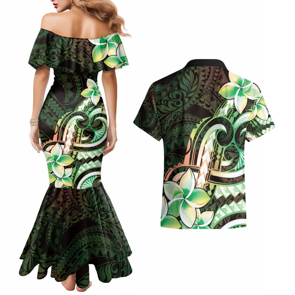 Polynesian Art Tattoo Couples Matching Mermaid Dress and Hawaiian Shirt Plumeria Flowers Green Gradient