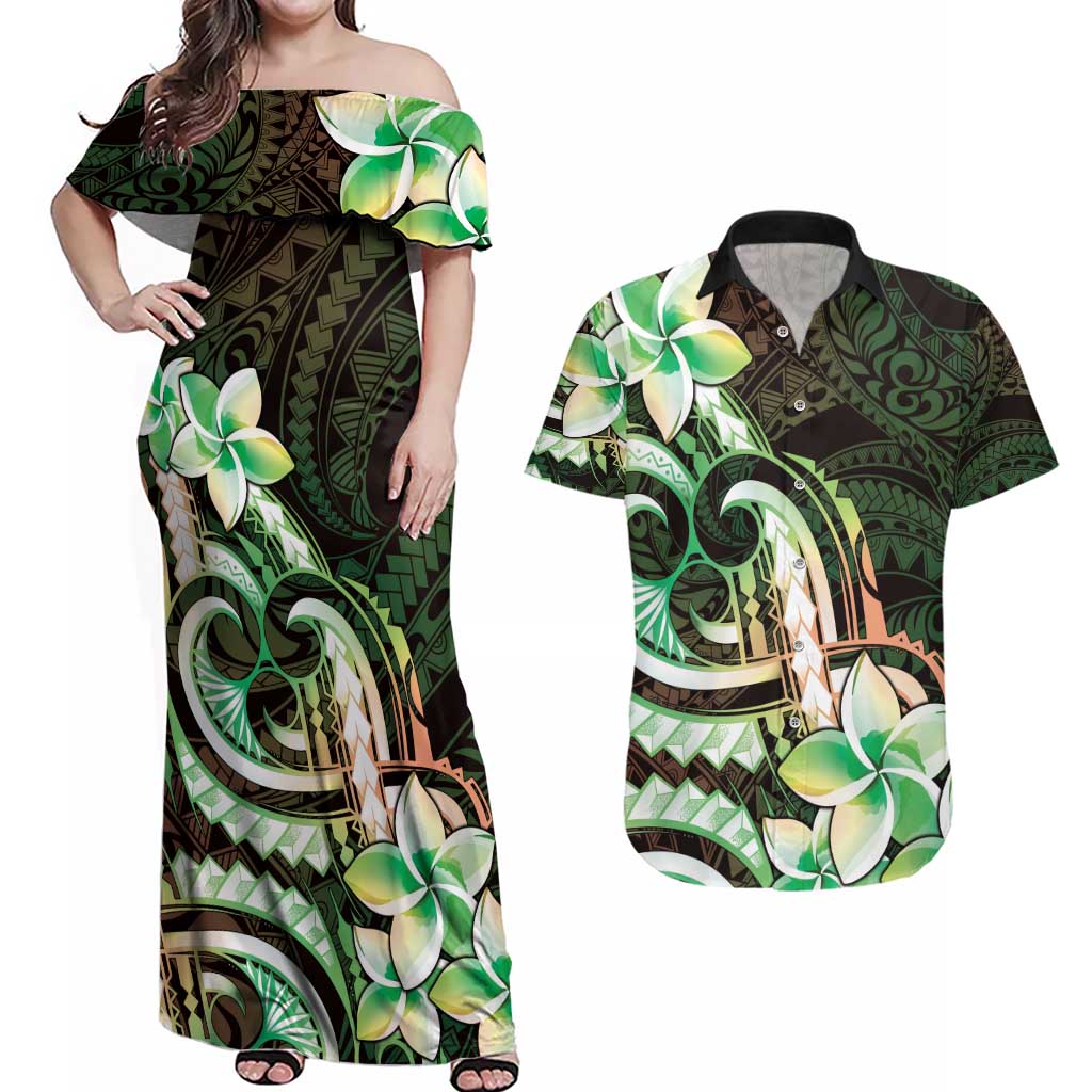 Polynesian Art Tattoo Couples Matching Off Shoulder Maxi Dress and Hawaiian Shirt Plumeria Flowers Green Gradient