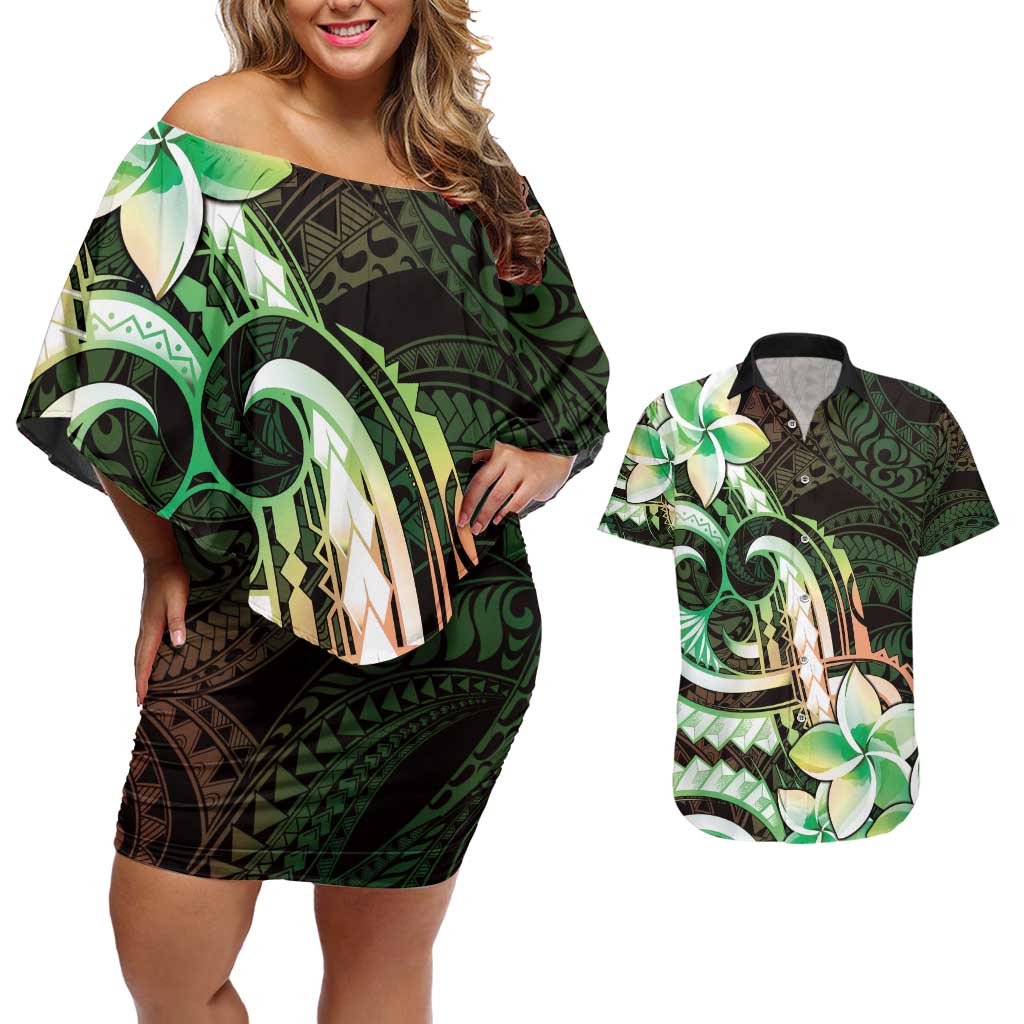Polynesian Art Tattoo Couples Matching Off Shoulder Short Dress and Hawaiian Shirt Plumeria Flowers Green Gradient